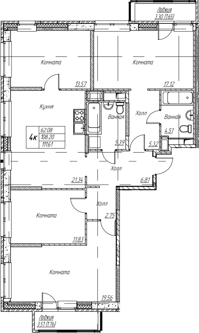 4-комнатная квартира 111.61 м², 4/22 эт., ЖК «Парк-квартал Юнтолово»